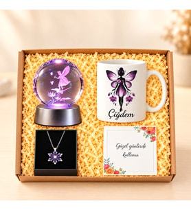 Kişiye Özel Peri Kız Hediye Seti İsim Baskılı Kupa Işıklı Peri Küre & Lotus Kolye Kadına Hediye Seti