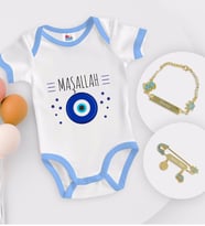 BK Kids Kişiye Özel Maşallah Tasarımlı Mavi Bebek Body Zıbın Erkek Bebek Künyesi ve İğnesi Hediye Seti-1