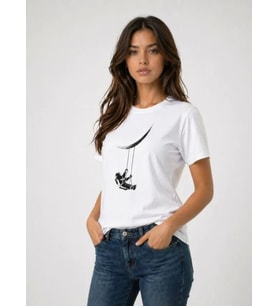Astronot Ay Temalı Tişört Kısa Kol Yazlık Bisiklet Yaka T-Shirt - Beyaz