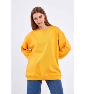 Sarı Kadın Pamuklu Oversize Basic Bisiklet Yaka Sweatshirt