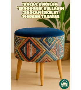 Retro Gürgen Ahşap Ayaklı Dekoratif Etnik Lacivert Silindir Puf