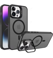 Acex iPhone İle Uyumlu MagSafe Kılıf Mıknatıslı Standlı Darbeye Dayanıklı Mat Şeffaf Arka Kapak Lens Hediyeli (Siyah, iPhone 16 Pro Max)
