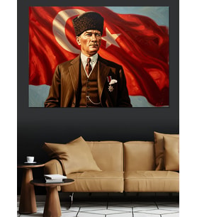 Türk Bayrağı Önünde Atatürk Portresi Dekoratif Kanvas - Mdf Ahşap Tablo