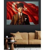 Türk Bayrağı Önünde Atatürk Portresi Dekoratif Kanvas - Mdf Ahşap Tablo