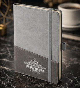 BK Gift Kişiye Özel Gri Termo Deri Defter -14, Kartvizit Bölmeli, Çizgili Ivory Kağıt