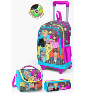 Coral High Kids Gri Mavi Pembe Anime Desenli Çekçekli 3’lü Okul Çanta Seti SET0123937