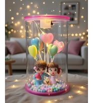 Sevgiliye Hediye Romantik Aşıklar balonlu ledli cam fanus 16 cm (Pembe)