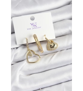 Pirinç Zİrkon Taşlı Kalp Model Gold Renk 3'lü Kadın Küpe 5886