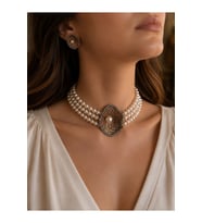 Zirkon Taşlı Choker İnci Kolye ve İnci Küpe Seti Deniz Kabuğu Figürlü