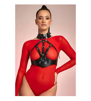 Boyundan Bağlamalı Göğsü Açık Deri Fantazi Sütyen Harness (Kırmızı)