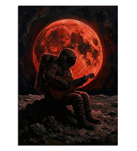 Kırmızı Ay Altında Gitar Çalan Astronot Dekoratif Kanvas - Mdf Ahşap Tablo