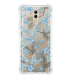 Huawei Mate 20 Lite  Köşe Korumalı Antişok Kapak Floral Mavi Tasarımlı Şeffaf  Kılıf