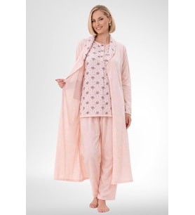 Mecit 6316 Pudra Kadın Büyük Beden Sabahlıklı Pijama Takımı