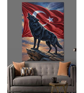 Türk Bayraklı Kurt Hayvan Dekoratif Kanvas - Mdf Ahşap Tablo