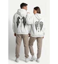 Unisex His Angel & Her Guardian Baskılı Sevgili Kombini Hoodie Seti (Beyaz)
