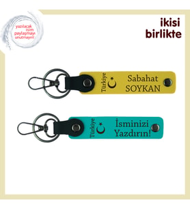Ayyıldız ve Türkiye Desenli Yıldönümüne Özel Sürpriz – Kişisel Deri Anahtarlık x2'li, Sarı-Turkuaz
