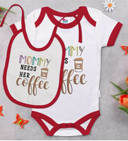 BK Kids Mommy Needs Her Coffe Tasarımlı Kırmızı Bebek Body Zıbın ve Mama Önlüğü Hediye Seti-1