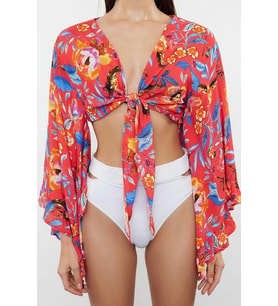 Moda V Yaka Dokuma Crop Çiçekli Desen Plaj Crop Uzun Kol Bluz (Çok Renkli)
