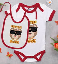 BK Kids Little Boss Tasarımlı Kırmızı Bebek Body Zıbın ve Mama Önlüğü Hediye Seti-3