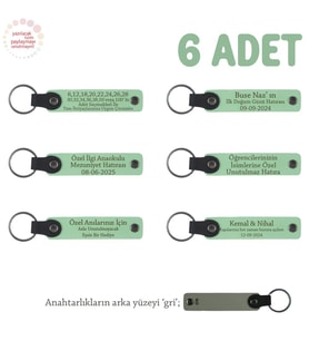 Açık Yeşil & Gri, Anaokulu Miniklerine İsimli Karne Hatırası Anahtarlık 6’lı Set, Hediyelik Anı