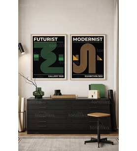 Geometrik Modernizm 2'li Ahşap Çerçeveli Tablo Seti