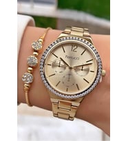 Ferrucci Gold Renk Çelik Zirkon Taşlı Kadın Kol Saati+Bileklik