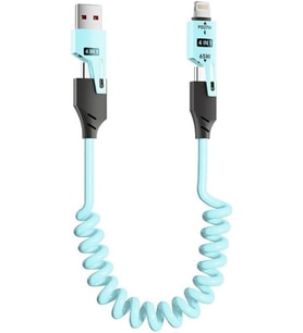 USB Type-C Lightning 4'ü 1 Arada 65W PD Hızlı Şarj Data Kablosu 1.5m Spiral Çevirici Akıllı Hibrit Bağlantı (4-in-1)