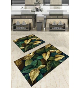 Yeşil Yapraklı Banyo Halısı Klozet Takımı Paspas Seti BS016