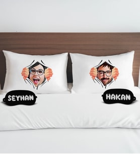 BK Gift Kişiye Özel Karikatürlü Pamuklu Yastık Kılıfı ve Göz Bandı Çift Uyku Seti-4, Tasarım Ev Tekstili, Uyku Bandı, Ev Hediyesi