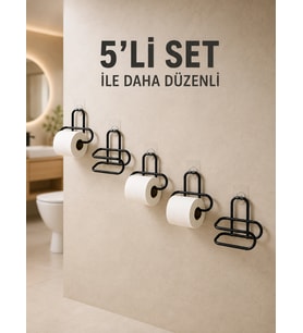 Mey İthalat® Yapışkanlı Tuvalet Kağıdı Askısı Siyah Metal Delmeden Montaj WC Kağıtlık 5 Adet