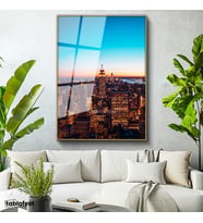 Altın Renk Metal Çerçeveli Tamperli Cam Tablo New York Empire State Gece Manzarası Şehir Mimari Tablo Duvar Dekoru