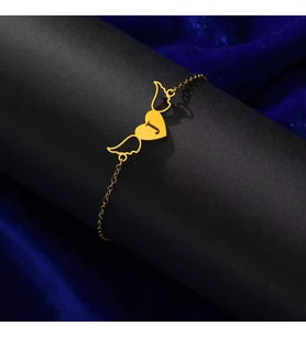 Kişiye Özel 925 Ayar Gümüş Tasarım Melek Kanatlı Kalp Harf Bileklik (Gold)