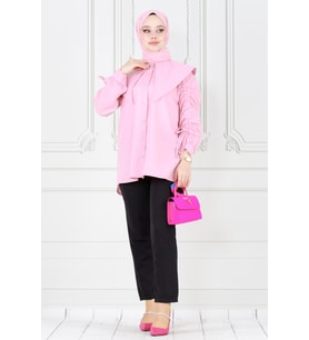Büyük Yaka Kolu Büzgü Detaylı Tunik-Pembe
