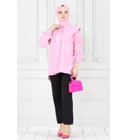 Büyük Yaka Kolu Büzgü Detaylı Tunik-Pembe