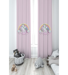 MEKTA HOME BEBEK VE ÇOCUK ODASI Gökuşağı ve Unicorn Desenli Pembe 2 Kanat Fon Perde
