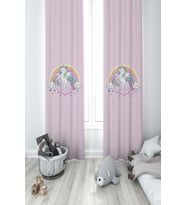 MEKTA HOME BEBEK VE ÇOCUK ODASI Gökuşağı ve Unicorn Desenli Pembe 2 Kanat Fon Perde