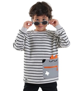 Cool Oversize Çizgili Gri Erkek Çocuk Sweatshirt