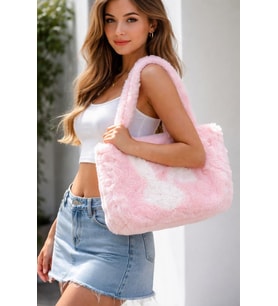 Peluş Omuz Çantası Pembe Beyaz Desenli Kadın Çanta Büyük Boy Yumuşak Dokulu Trend Tote Çanta 42x50 cm