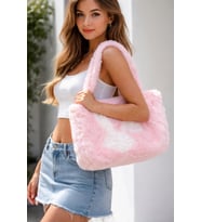 Peluş Omuz Çantası Pembe Beyaz Desenli Kadın Çanta Büyük Boy Yumuşak Dokulu Trend Tote Çanta 42x50 cm