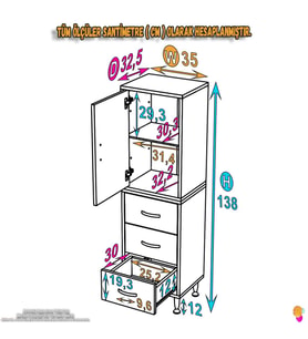 Modilayn İLKİM 35 x 138 x 32,5 cm' lik Kapak İçi Çift Raflı ve 3 Çekmeceli Düzen Harikası Dolap