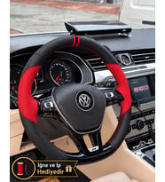 Vw Passat B8 Dikme Direksiyon Kılıfı Parlak Siyah Kırmızı Detaylı Kırmızı Çift Yüzük ve Dikiş 2014-2019