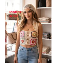 El Örgüsü Renkli Motifli Crop / Büstiyer (Bandana Hediye) (D.Krem)