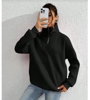 Unisex Uzun Kol Yarım Farmuarlı Yakalı Basic SweatShirt - Siyah