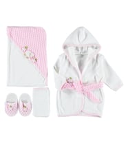 Lüx Bebek Bornoz Seti Pamuklu Kumaş Hediyelik Çocuk Bornoz Banyo Seti (Pembe)