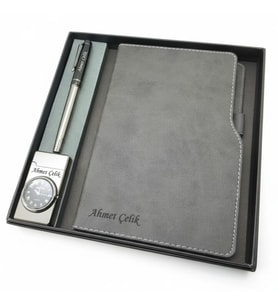 Signator® Codex  N361 Kişiye Özel Defterli Set - İsme Özel Gümüş/Siyah Kalem + İsme Özel Gri Defter + İsme Özel Çakmak  İsme Özel Kutusunda Hediyelik Set (Karışık)
