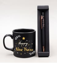 Yılbaşına Özel Happy New Years Kupa & Siyah Rose Gold Tükenmez Kalem Hediye Seti