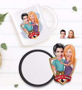 BK Gift Kişiye Özel Sevgililer Karikatürlü Beyaz Kupa ve Ahşap Bardak Altlığı Hediye Seti-80