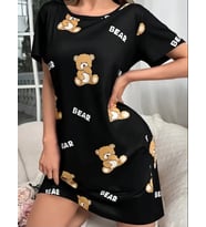 AMOR FACE ÖZEL TASARIM MİNİK AYICIKLAR BASKILI ULTRA LİKRALI SUPREM KISA KOLLU YAZLIK KADIN SPOR ELBİSE (Siyah)