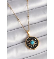 316L Çelik Gold Renk Mavi Boncuk Güneş İşleme Madalyon Model Kadın Kolye 5886 - HPSBYI8644-58