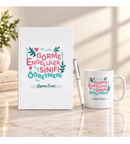 Görme Engelliler Sınıfı Öğretmenine İsme Özel Defter Kalem ve Kupa Hediye Seti